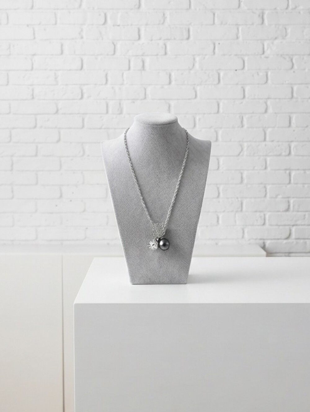 Long Silver Pendant Necklace with Gray Pearl Accent